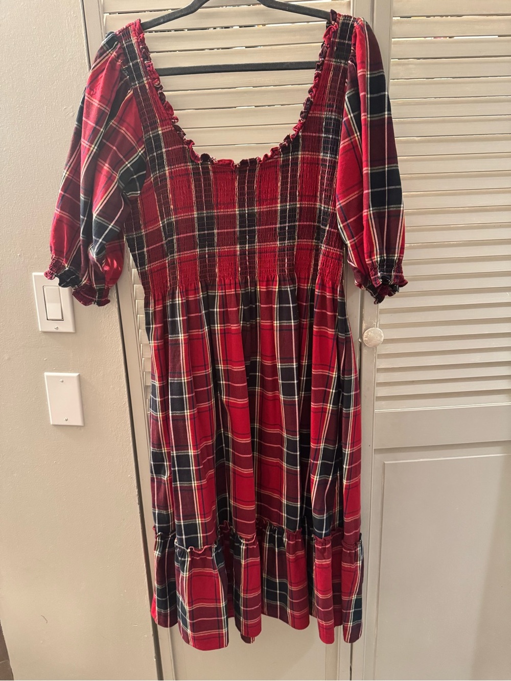 Hill House Red Plaid Smocked Puff-Sleeve Dress